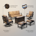 Black Metal Meshed 7 Seat 6-Piece Steel Outdoor Fire Pit Patio Set with Beige Cushions, Black Rectangular Fire Pit Table