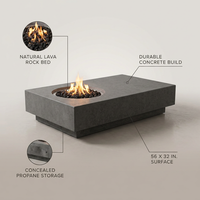 Metropolis Outdoor Fire Pit 56 In. X 32 In. Rectangular Concrete Propane Fire Table with Lava Rocks and Cover