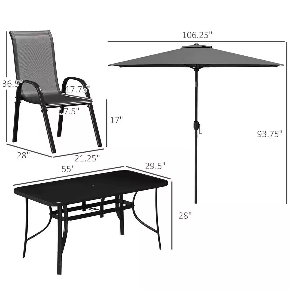 8 Pieces Patio Table and Chairs Set with 9 Ft Patio Umbrella, Outdoor Dining Set W/ 4.6 Ft Dining Table & 6 Chairs, Gray