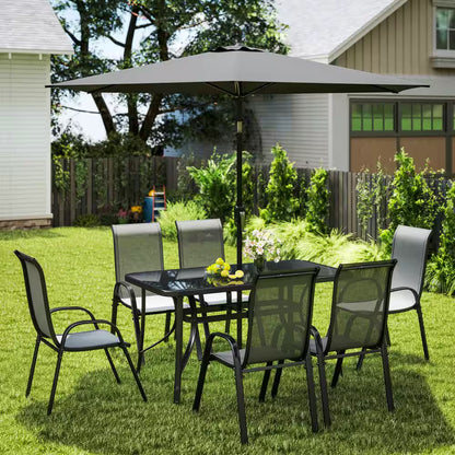 8 Pieces Patio Table and Chairs Set with 9 Ft Patio Umbrella, Outdoor Dining Set W/ 4.6 Ft Dining Table & 6 Chairs, Gray