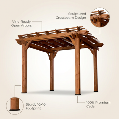 10 Ft. X 10 Ft. Traditional All Cedar Wood Outdoor Patio Pergola Shade Structure