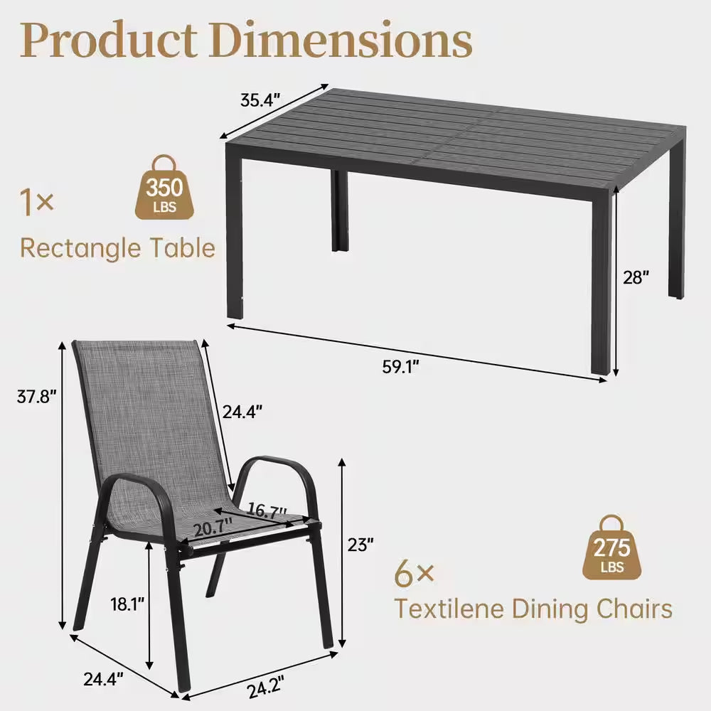 7-Piece Metal Outdoor Dining Set with 6-Textilene Stackable Chairs and Rectangular Table, Patio Dining Table (Set for 6)