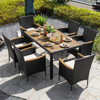 Black 7-Piece Acacia Wood, Wicker and Metal Square Outdoor Dining Set with Beige Cushions