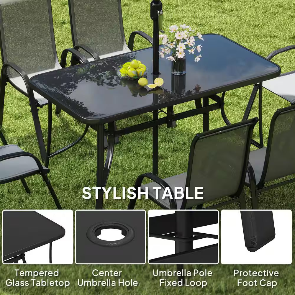 8 Pieces Patio Table and Chairs Set with 9 Ft Patio Umbrella, Outdoor Dining Set W/ 4.6 Ft Dining Table & 6 Chairs, Gray