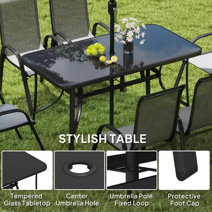 8 Pieces Patio Table and Chairs Set with 9 Ft Patio Umbrella, Outdoor Dining Set W/ 4.6 Ft Dining Table & 6 Chairs, Gray