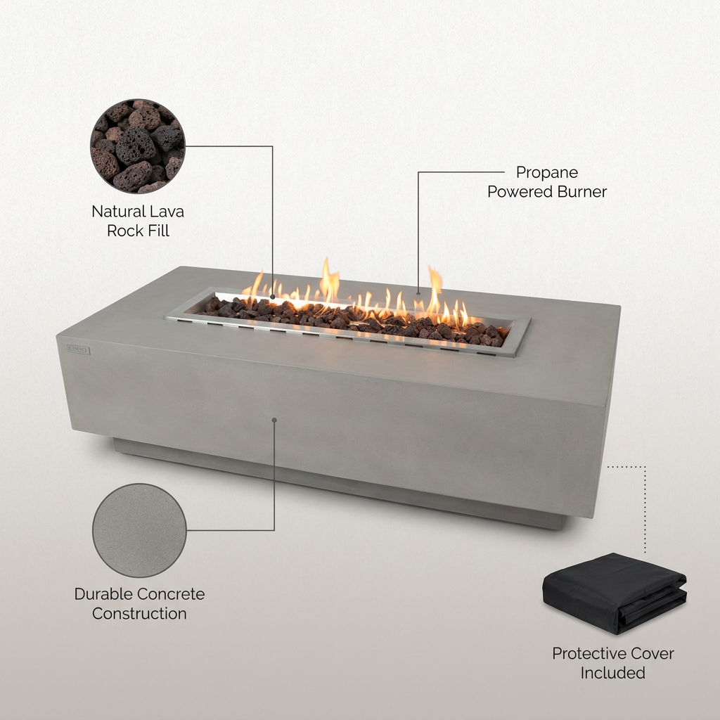 Granville Outdoor Fire Pit 60 In. X 27 In. Rectangular Concrete Propane Fire Table with Lava Rocks and Cover — Lifestyle