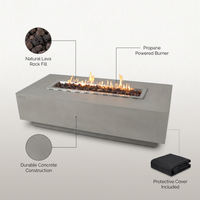 Granville Outdoor Fire Pit 60 In. X 27 In. Rectangular Concrete Propane Fire Table with Lava Rocks and Cover — Lifestyle