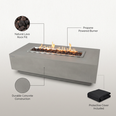 Granville Outdoor Fire Pit 60 In. X 27 In. Rectangular Concrete Propane Fire Table with Lava Rocks and Cover