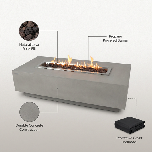 Granville Outdoor Fire Pit 60 In. X 27 In. Rectangular Concrete Propane Fire Table with Lava Rocks and Cover — Lifestyle
