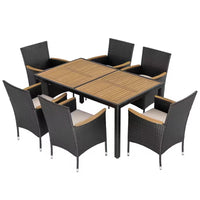 Black 7-Piece Acacia Wood, Wicker and Metal Square Outdoor Dining Set with Beige Cushions