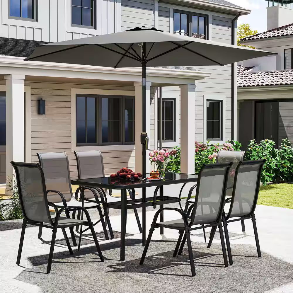 8 Pieces Patio Table and Chairs Set with 9 Ft Patio Umbrella, Outdoor Dining Set W/ 4.6 Ft Dining Table & 6 Chairs, Gray
