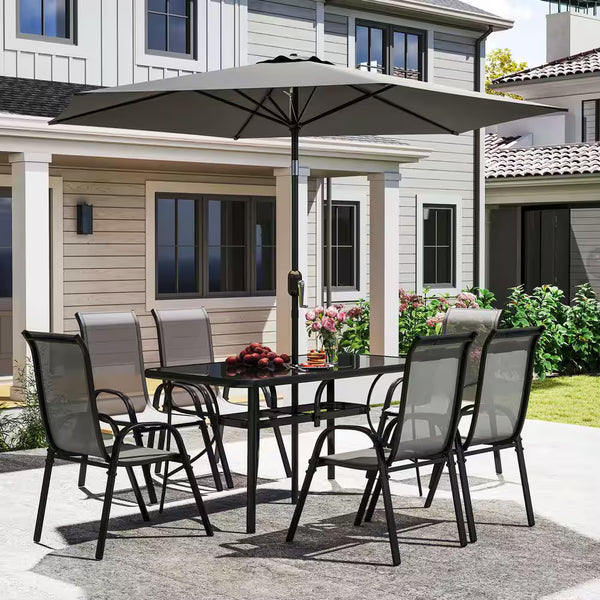 8 Pieces Patio Table and Chairs Set with 9 Ft Patio Umbrella, Outdoor Dining Set W/ 4.6 Ft Dining Table & 6 Chairs, Gray