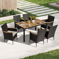 Black 7-Piece Acacia Wood, Wicker and Metal Square Outdoor Dining Set with Beige Cushions