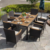 Black 7-Piece Acacia Wood, Wicker and Metal Square Outdoor Dining Set with Beige Cushions