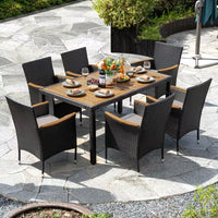 Black 7-Piece Acacia Wood, Wicker and Metal Square Outdoor Dining Set with Beige Cushions