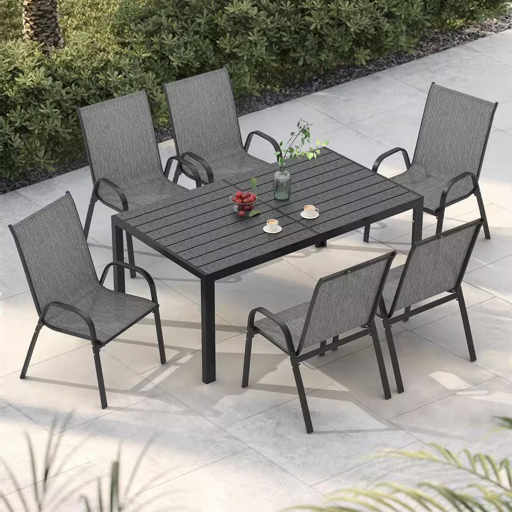 7-Piece Metal Outdoor Dining Set with 6-Textilene Stackable Chairs and Rectangular Table, Patio Dining Table (Set for 6)