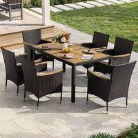 Black 7-Piece Acacia Wood, Wicker and Metal Square Outdoor Dining Set with Beige Cushions