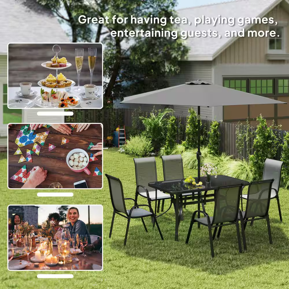 8 Pieces Patio Table and Chairs Set with 9 Ft Patio Umbrella, Outdoor Dining Set W/ 4.6 Ft Dining Table & 6 Chairs, Gray