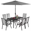 8 Pieces Patio Table and Chairs Set with 9 Ft Patio Umbrella, Outdoor Dining Set W/ 4.6 Ft Dining Table & 6 Chairs, Gray