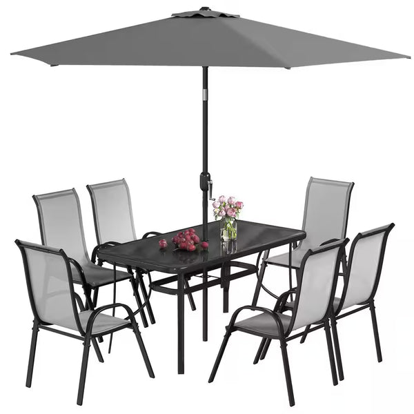 8 Pieces Patio Table and Chairs Set with 9 Ft Patio Umbrella, Outdoor Dining Set W/ 4.6 Ft Dining Table & 6 Chairs, Gray