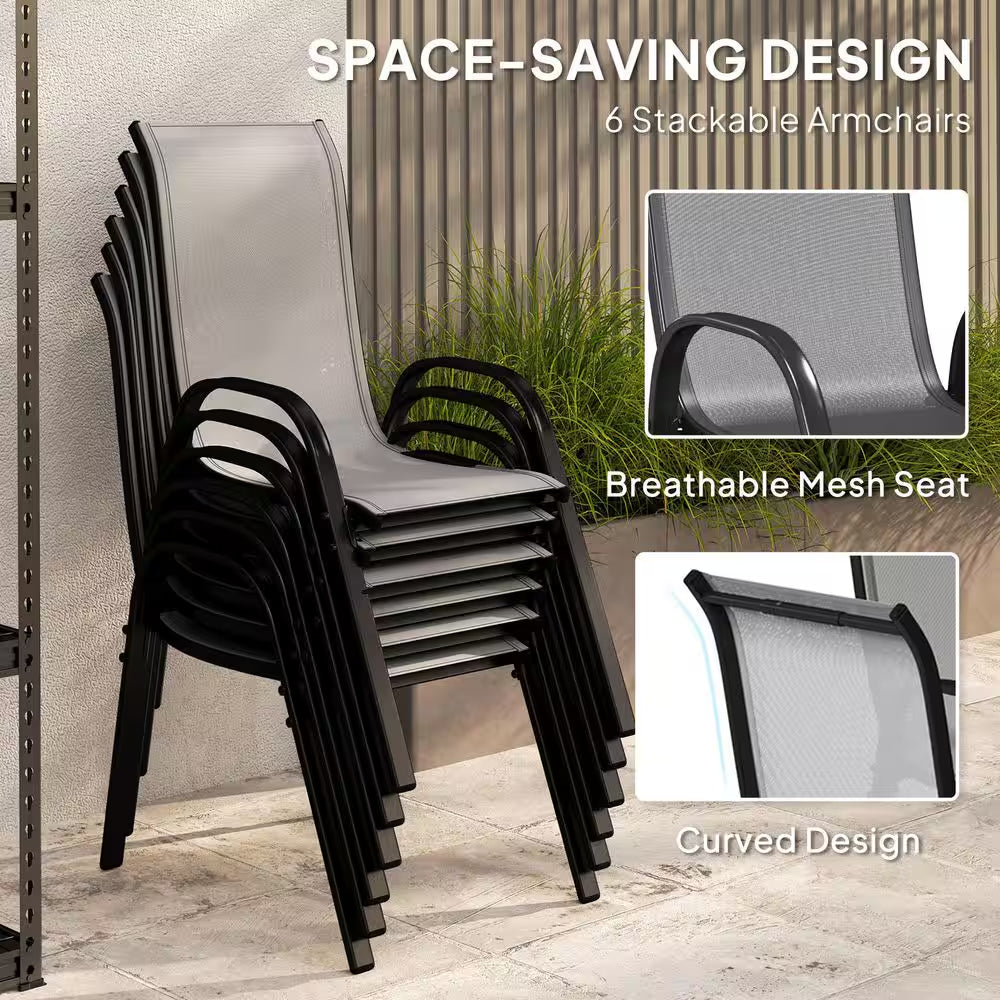 8 Pieces Patio Table and Chairs Set with 9 Ft Patio Umbrella, Outdoor Dining Set W/ 4.6 Ft Dining Table & 6 Chairs, Gray