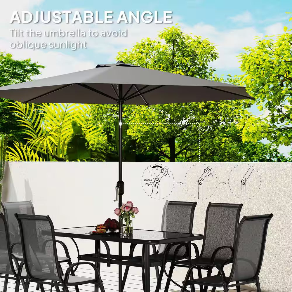 8 Pieces Patio Table and Chairs Set with 9 Ft Patio Umbrella, Outdoor Dining Set W/ 4.6 Ft Dining Table & 6 Chairs, Gray
