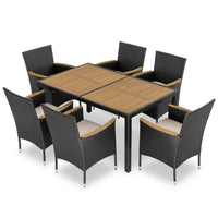 Black 7-Piece Acacia Wood, Wicker and Metal Square Outdoor Dining Set with Beige Cushions — Studio Shot