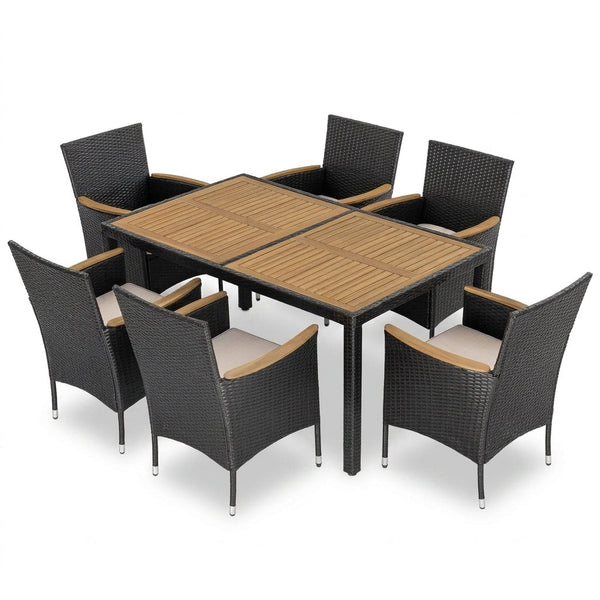 Black 7-Piece Acacia Wood, Wicker and Metal Square Outdoor Dining Set with Beige Cushions