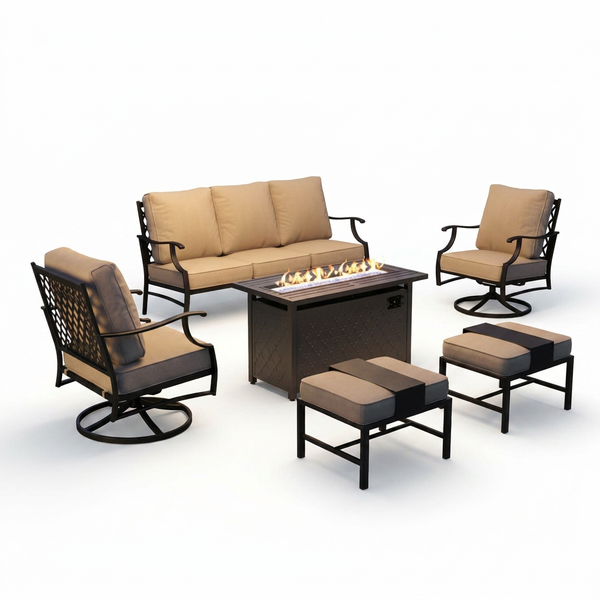 Black Metal Meshed 7 Seat 6-Piece Steel Outdoor Fire Pit Patio Set with Beige Cushions, Black Rectangular Fire Pit Table