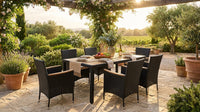 Black 7-Piece Acacia Wood, Wicker and Metal Square Outdoor Dining Set with Beige Cushions — Lifestyle
