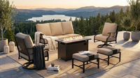 Black Metal Meshed 7 Seat 6-Piece Steel Outdoor Fire Pit Patio Set with Beige Cushions, Black Rectangular Fire Pit Table — Lifestyle