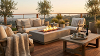 Metropolis Outdoor Fire Pit 56 In. X 32 In. Rectangular Concrete Propane Fire Table with Lava Rocks and Cover — Lifestyle