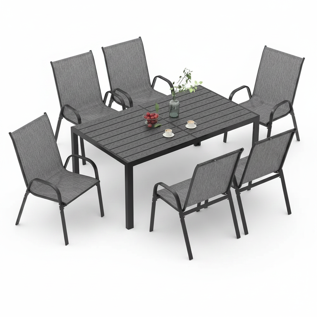 7-Piece Metal Outdoor Dining Set with 6-Textilene Stackable Chairs and Rectangular Table, Patio Dining Table (Set for 6)
