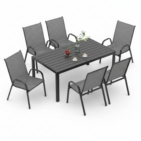 7-Piece Metal Outdoor Dining Set with 6-Textilene Stackable Chairs and Rectangular Table, Patio Dining Table (Set for 6)